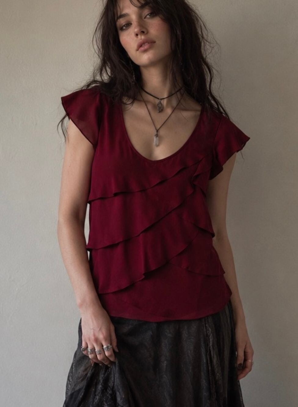 Vintage Worthington tiered ruffle satin cap sleeve shirt goth whimsigoth fairy M